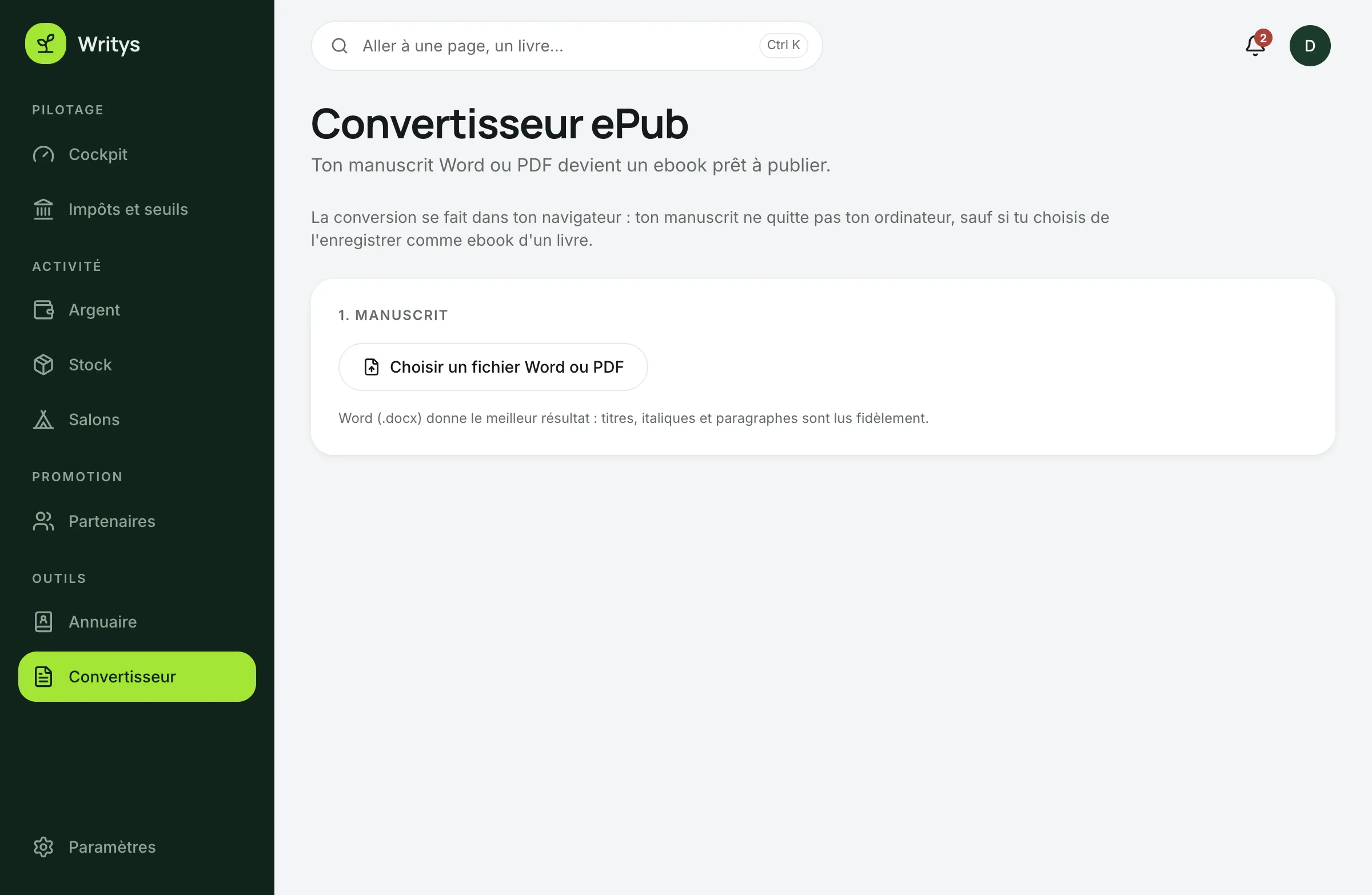 Écran Convertisseur EPUB de Writys