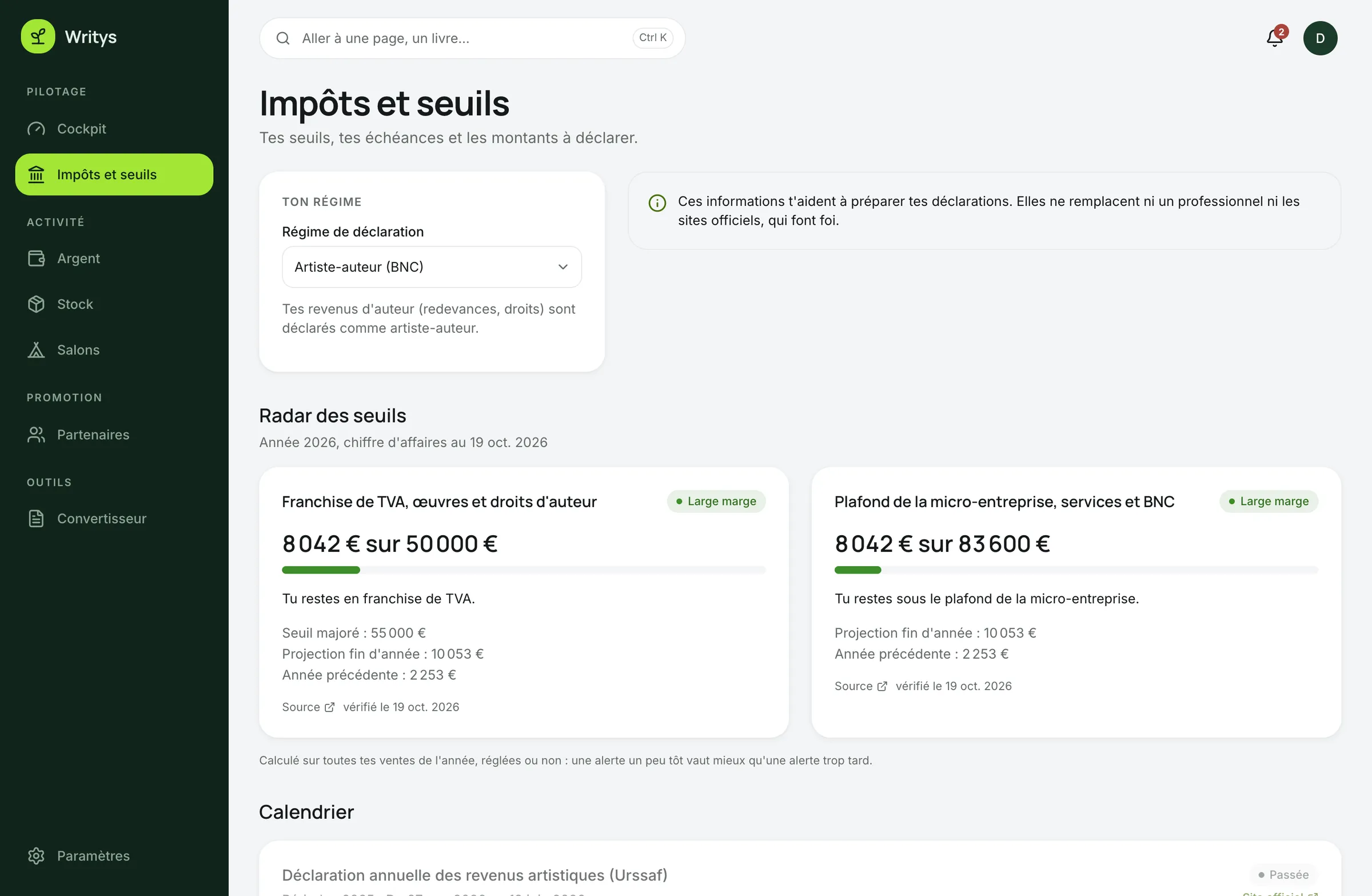 Écran Impôts et seuils de Writys