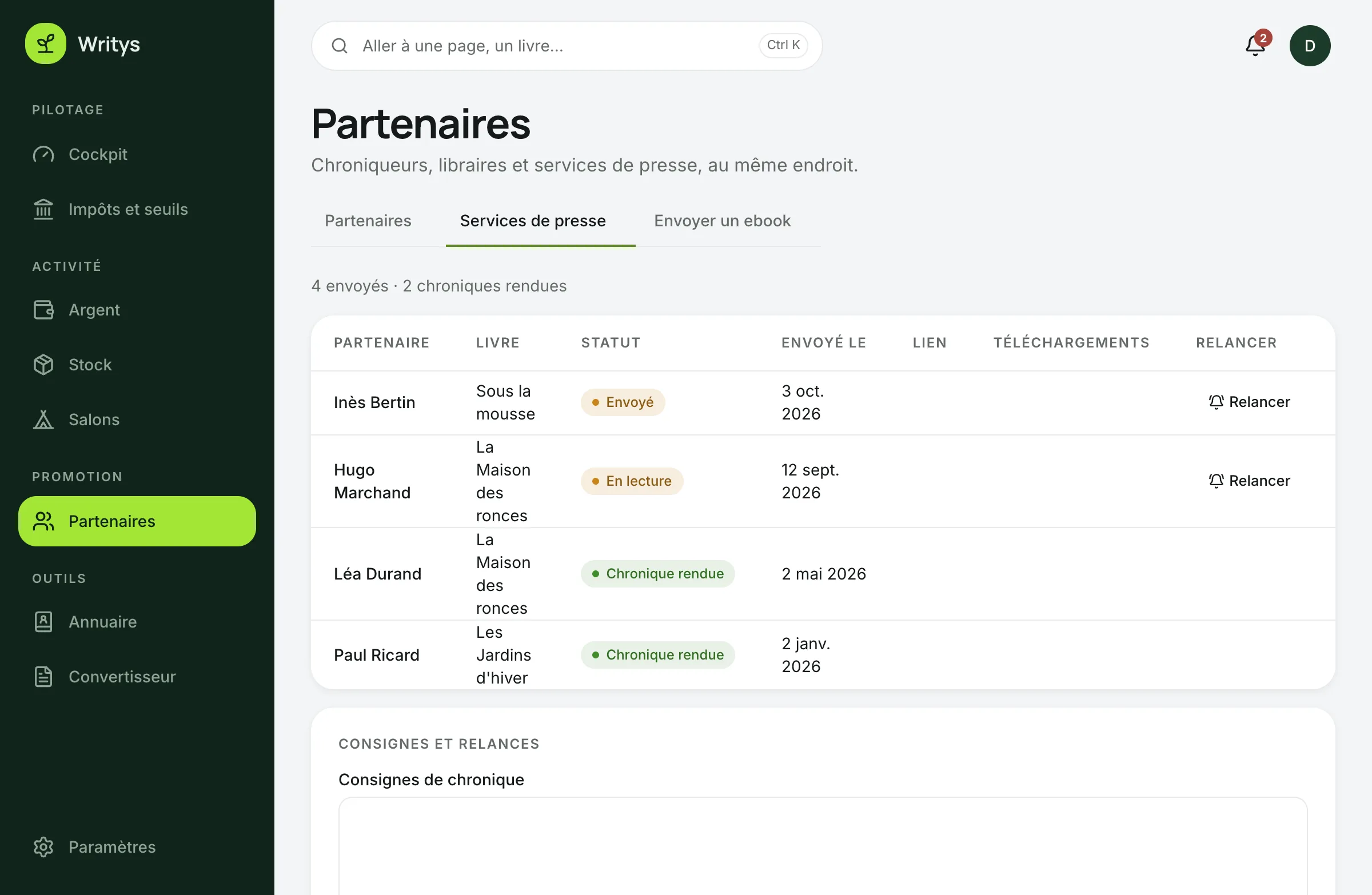 Écran Partenaires et presse de Writys