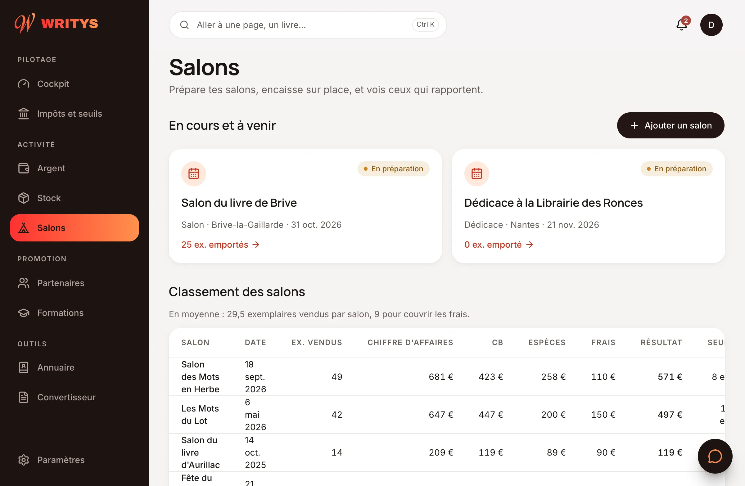 Le module Salons : salons à venir et classement des salons par résultat